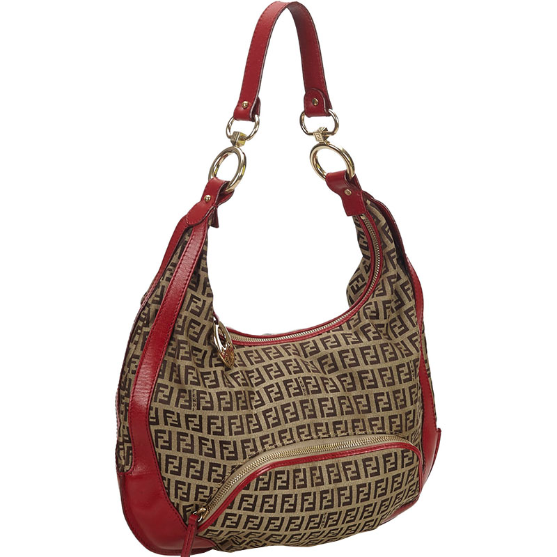 

Fendi Dark Brown/Red Leather Zucchino Canvas Chef Hobo Bag