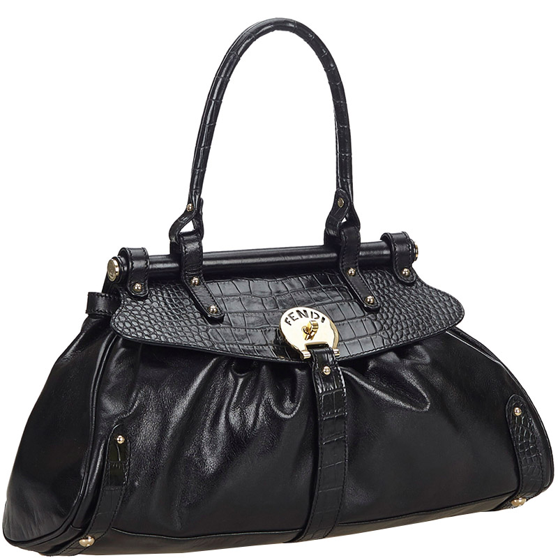 

Fendi Black Leather Crocodile-Trimmed Shoulder Bag