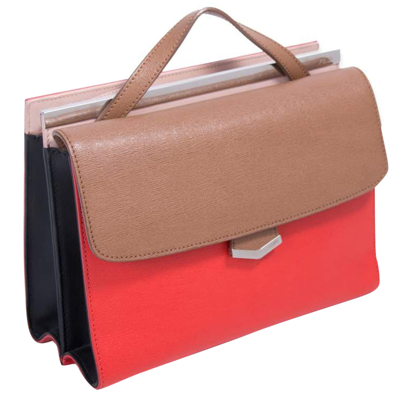 

Fendi Tri Color Textured Leather Demi Jour Top Handle Bag, Orange