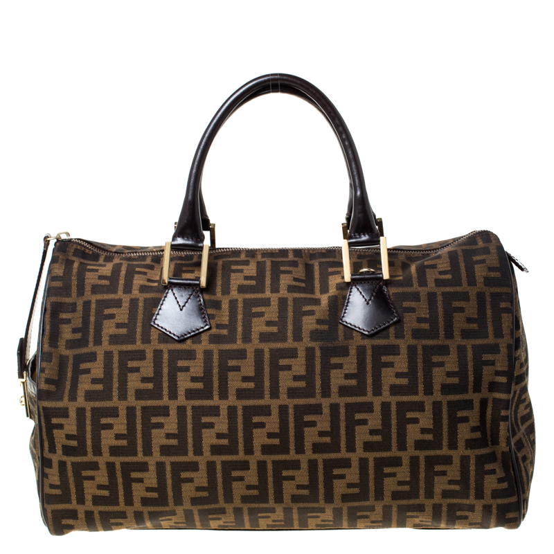 Pre Owned Fendi Tobacco Zucca Canvas Large Boston Bag