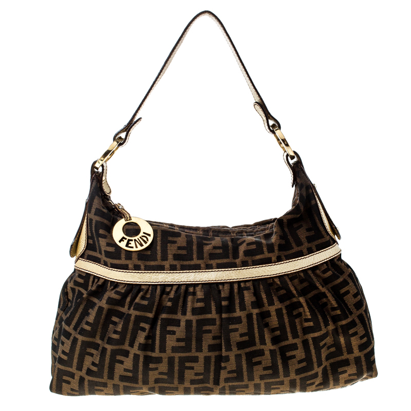 Pre Owned Fendi Tobacco/Gold Zucca Canvas and Leather Chef Shoulder Bag