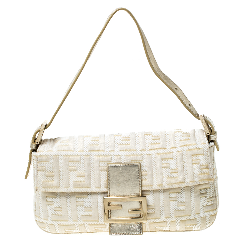 Pre Owned Fendi Gold/White Textured Fabric and Leather Mama Baguette Shoulder Bag