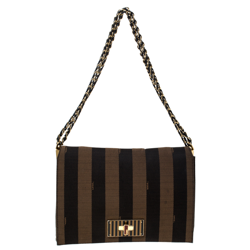 Pre Owned Fendi Tobacco Canvas Large Pequin Stripe Claudia Shoulder Bag