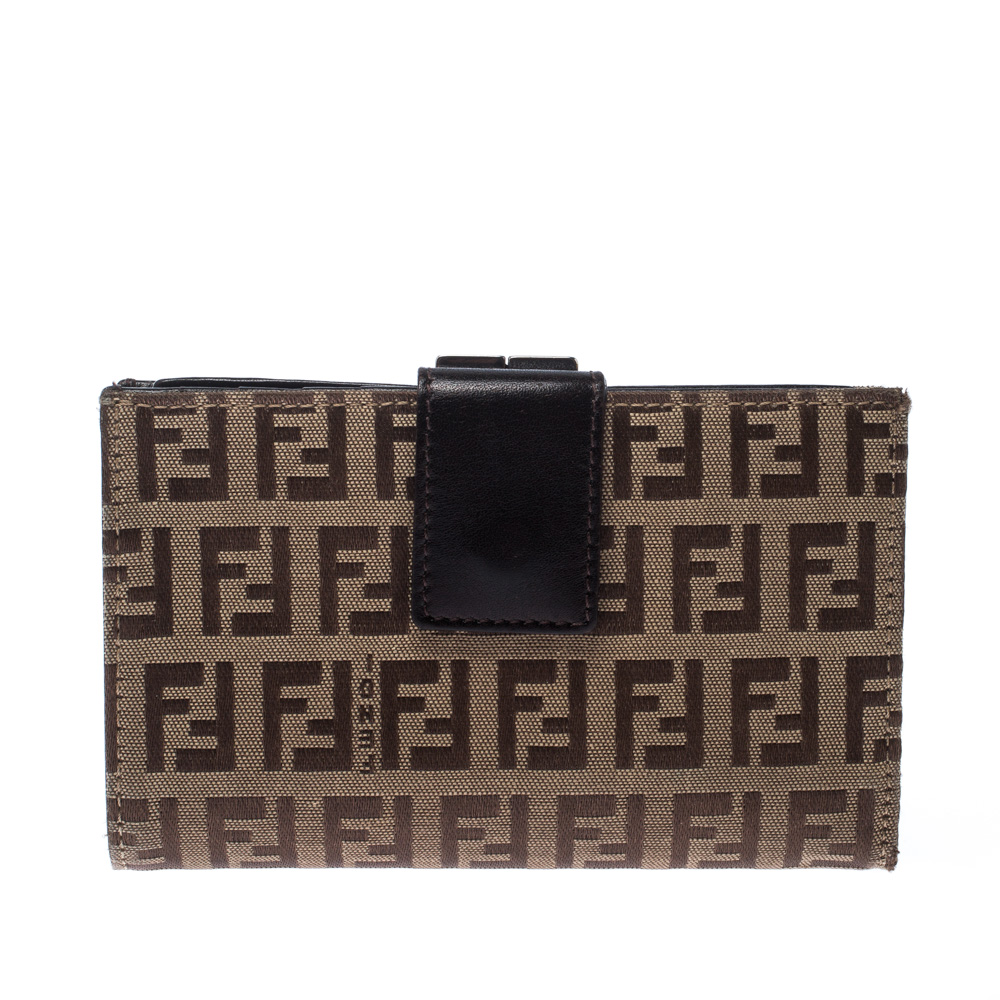 Pre Owned Fendi Zucchino Canvas and Leather Kiss Lock Compact Wallet
