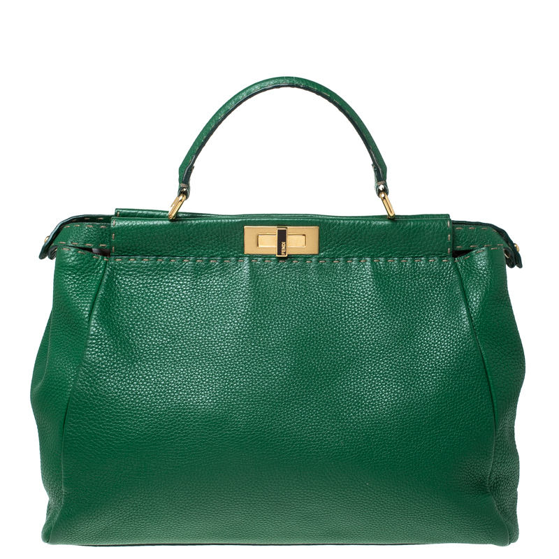 Pre Owned Fendi Green Selleria Leather Large Peekaboo Top Handle Bag