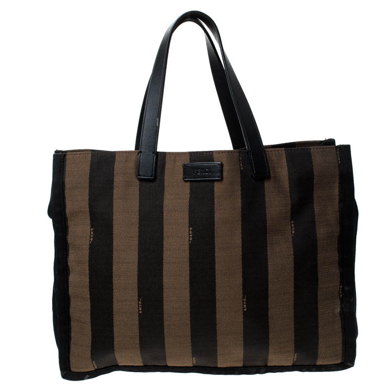 Pre Owned Fendi Tobacco Canvas and Leather Pequin Stripe Tote