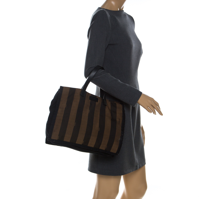 

Fendi Tobacco Canvas and Leather Pequin Stripe Tote, Brown