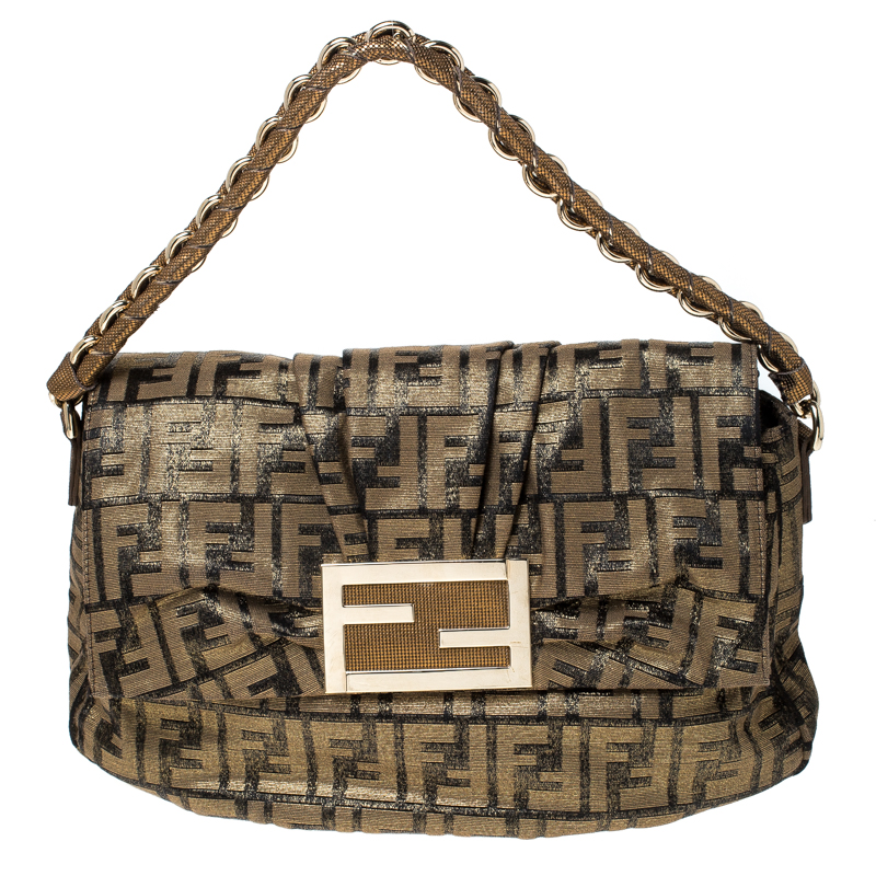 Pre Owned Fendi Brown/Black Zucca Textured Canvas and Leather Mia Flap Shoulder Bag