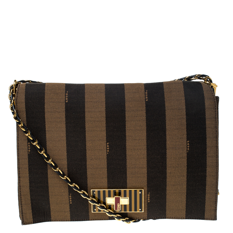 Pre Owned Fendi Tobacco Canvas Large Pequin Stripe Claudia Shoulder Bag