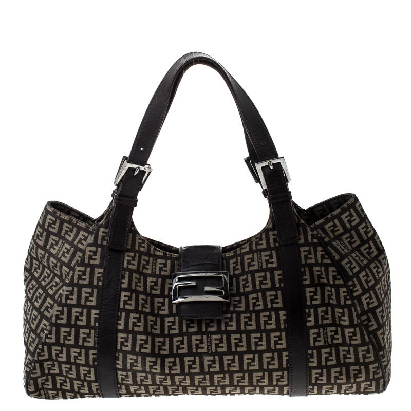 Pre Owned Fendi Brown Zucchino Canvas and Leather Borsa Piccola Shoulder Bag