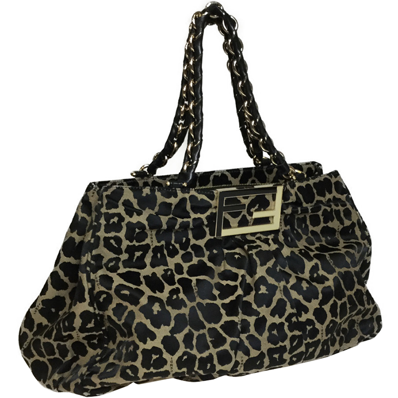 

Fendi Brown Canvas Leopard Chain Tote Bag
