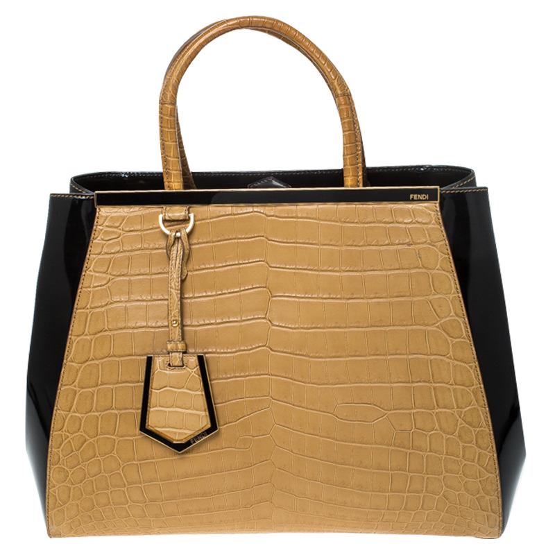Pre Owned Fendi Yellow/Black Crocodile and Patent Leather 2jours Petite Tote