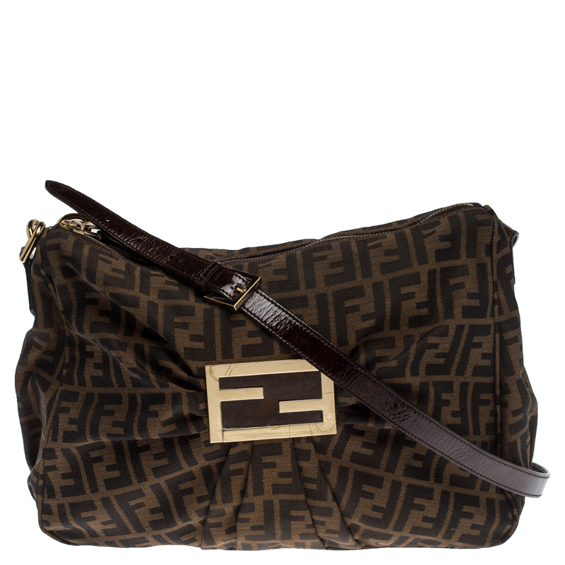 Pre Owned Fendi Tobacco Zucca Canvas Zip Shoulder Bag