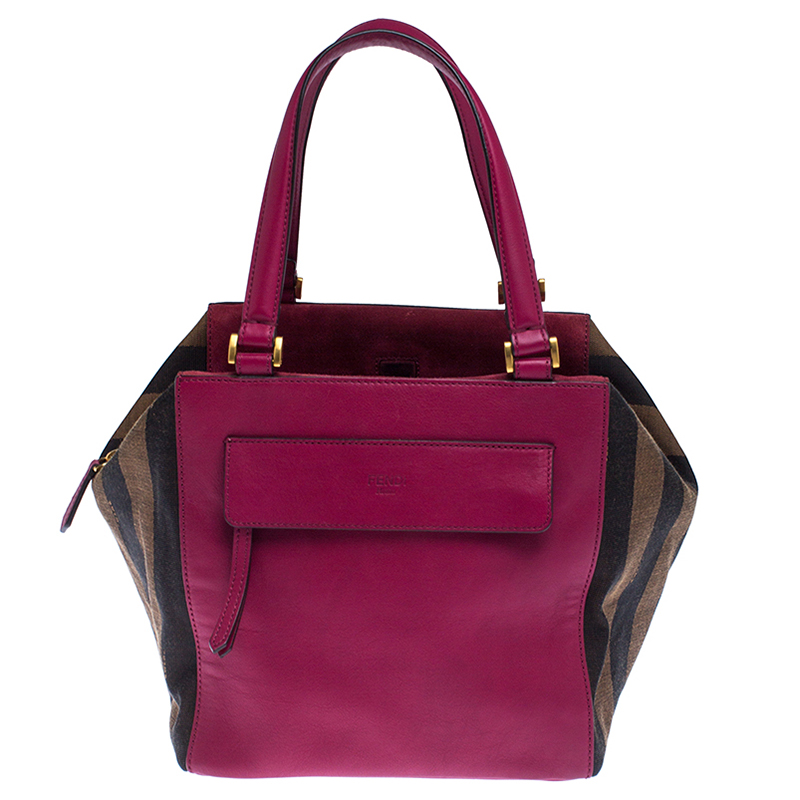 Pre Owned Fendi Tobacco/Magenta Stripe Pequin Canvas and Leather Satchel