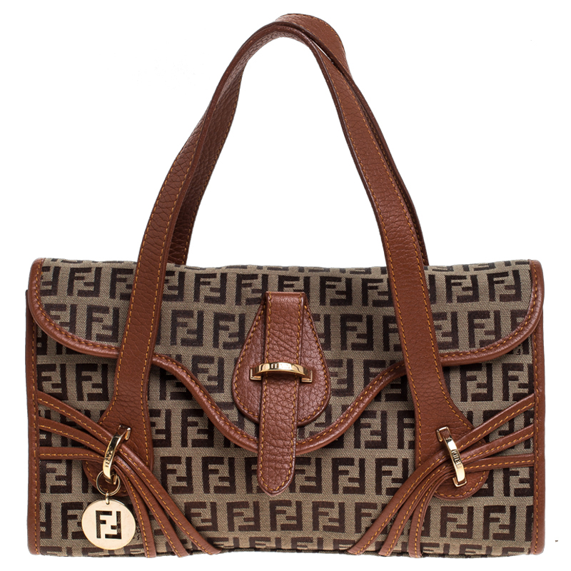 Pre Owned Fendi Beige/Tan Zucchino Canvas and leather Mini Satchel