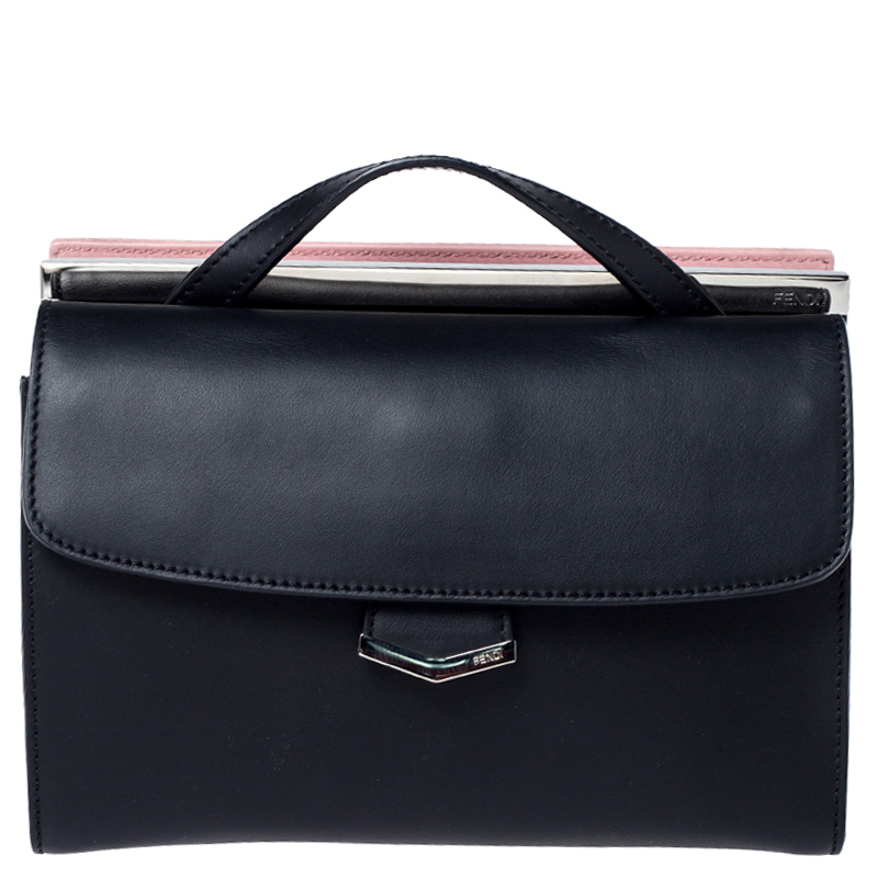 Pre Owned Fendi Black/Pink Textured Leather Mini Demi Jour Top Handle Bag