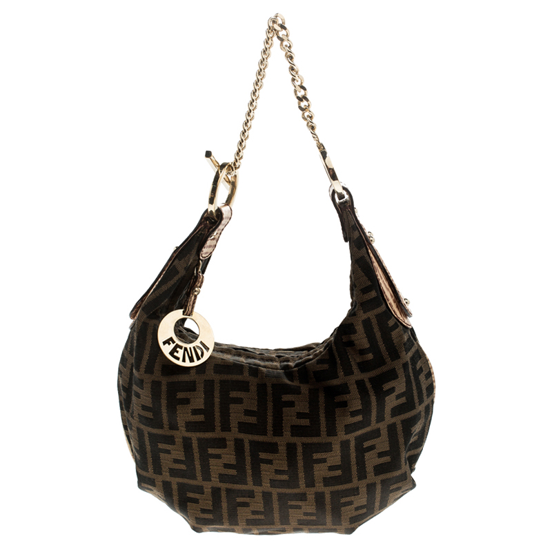 Pre Owned Fendi Brown Zucca Canvas and Leather Chef Chain Link Hobo