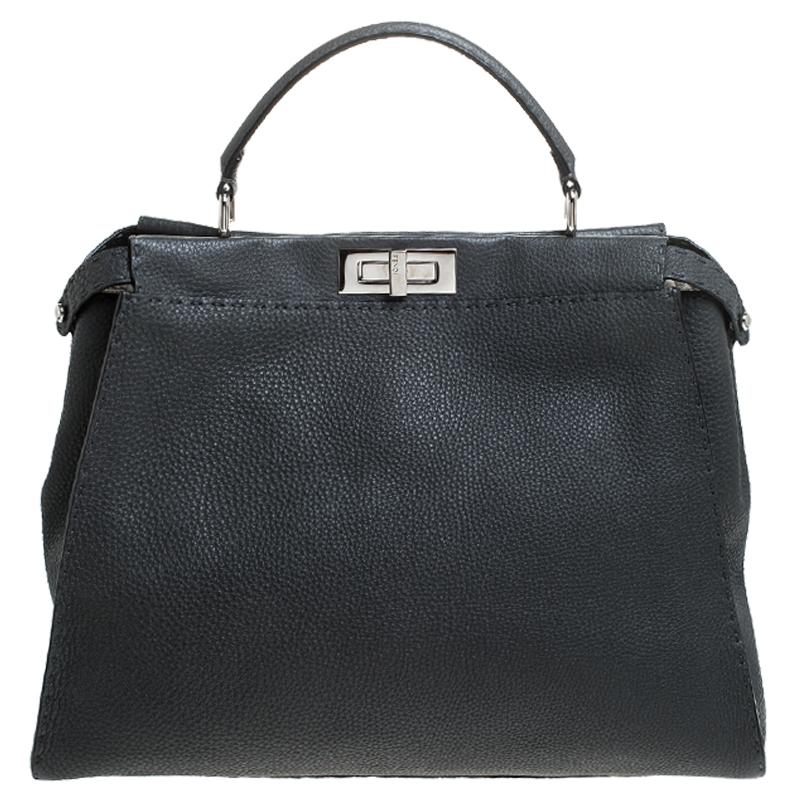 Pre-owned Fendi Grey Selleria Leather Large Peekaboo Top Handle Bag ...