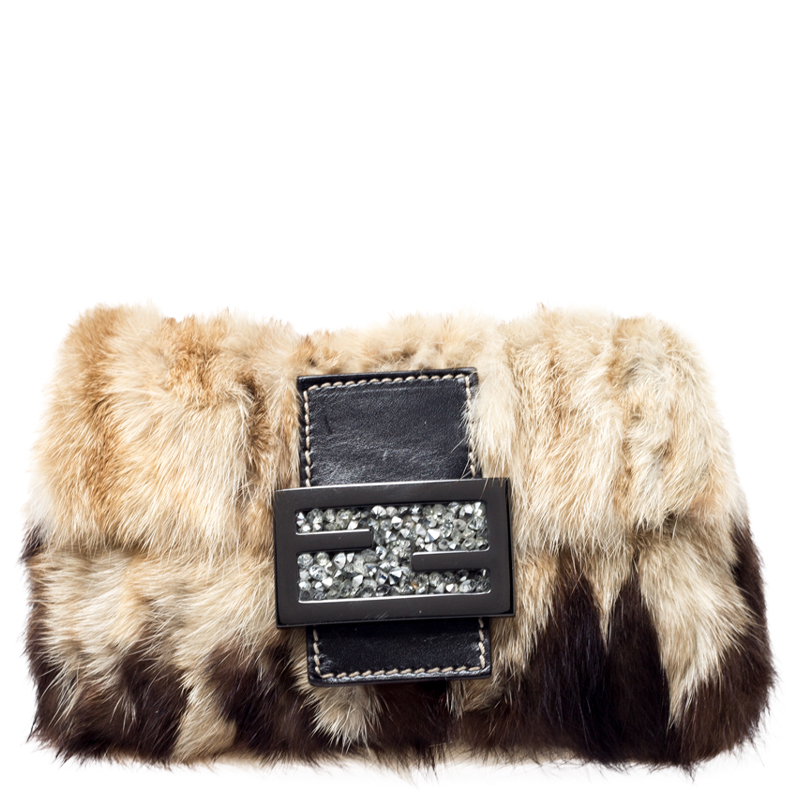 Fendi Beige/Brown Fur Forever Baguette Shoulder Bag