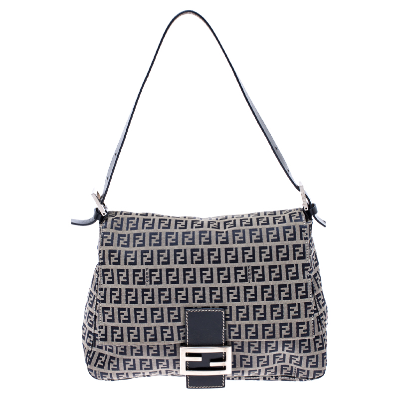 Pre Owned Fendi Navy Blue Zucchino Canvas Mama Forever Shoulder Bag