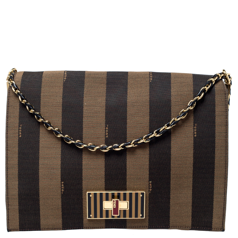 Fendi Tobacco Canvas Large Pequin Stripe Claudia Shoulder Bag