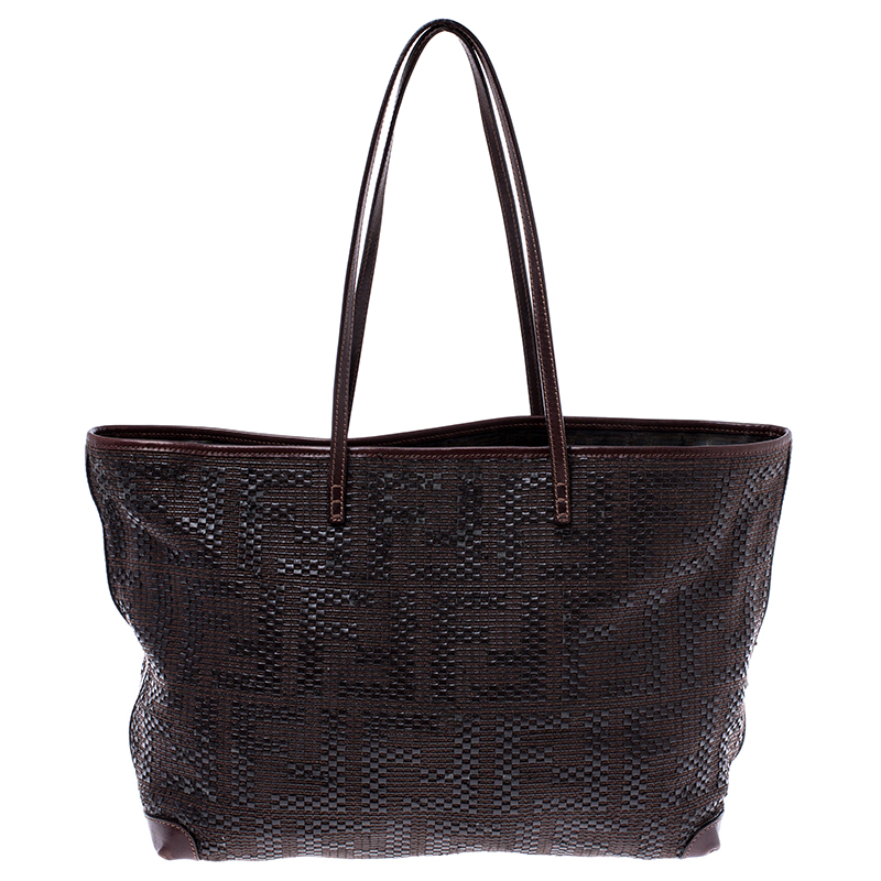 Pre Owned Fendi Dark Brown Woven Leather Medium Shopper Roll Tote