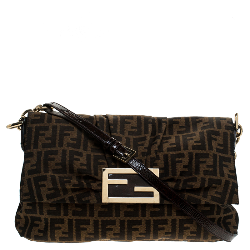 Pre Owned Fendi Tobacco Zucca Canvas Mia Flap Bag