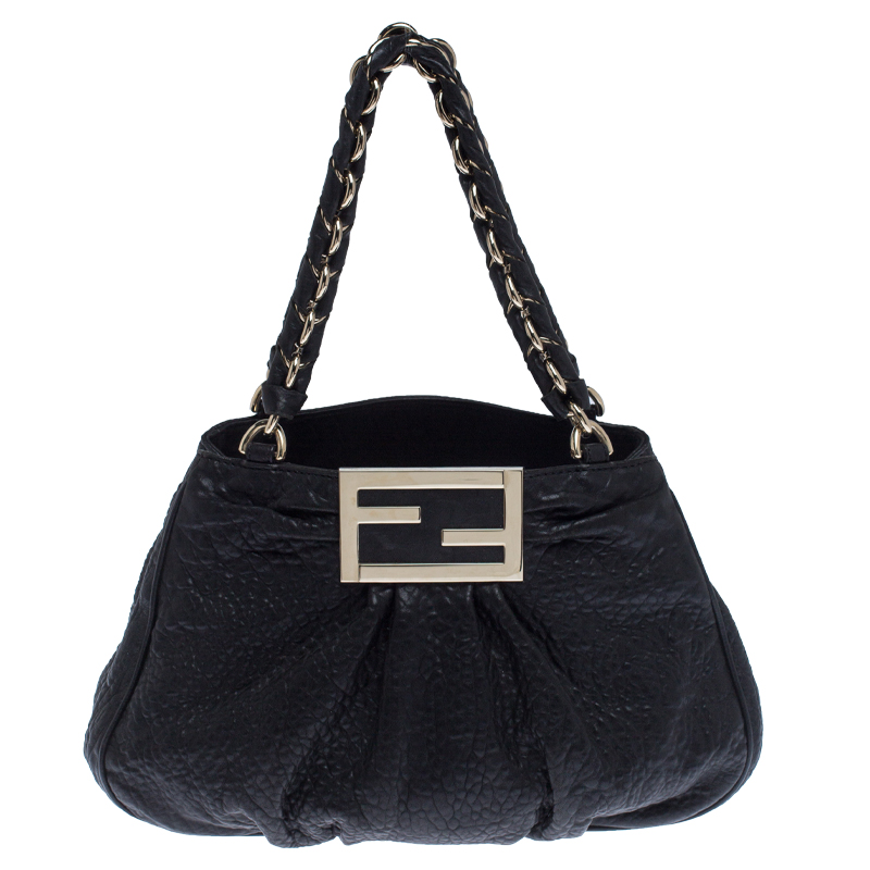 Pre Owned Fendi Black Leather Mia Hobo