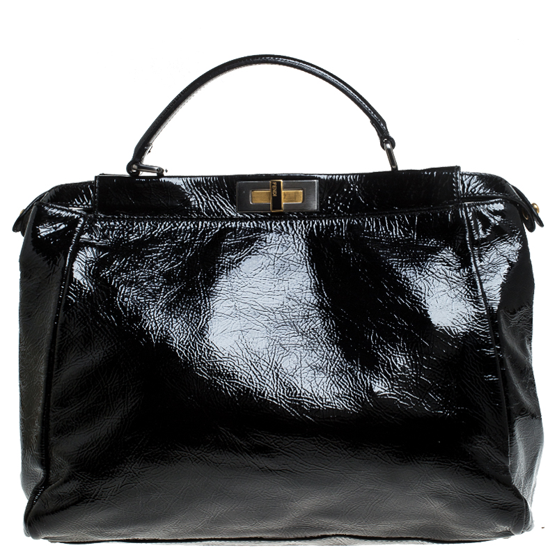 Fendi Black Patent Leather Large Peekaboo Top Handle Bag