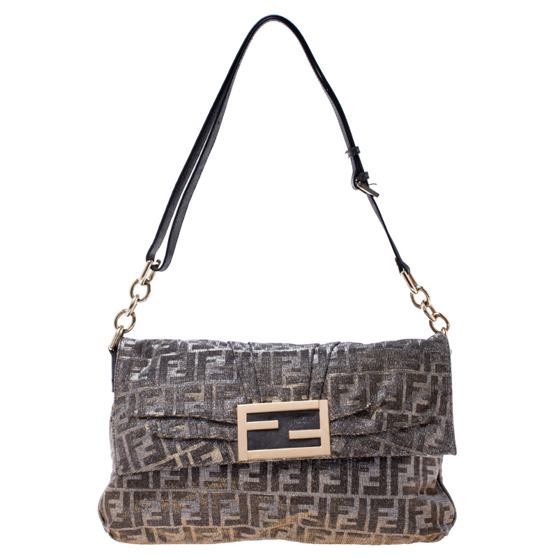 Pre Owned Fendi Metallic Gold/Silver Canvas Glitter Jacquard Mia Zucca Flap Bag