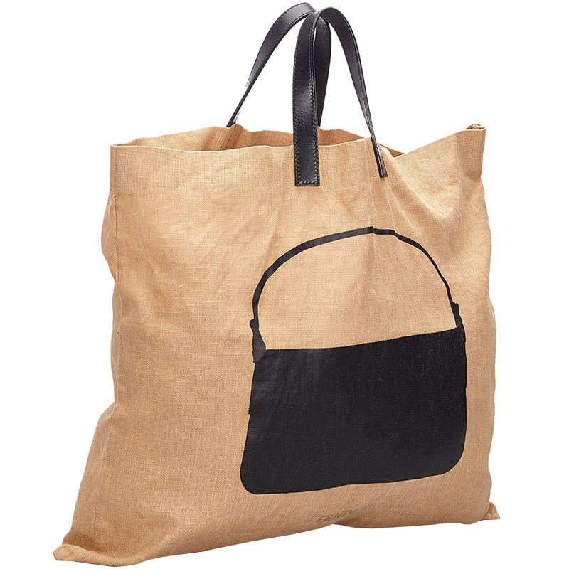 

Fendi Brown Printed Hemp Tote Bag, Beige