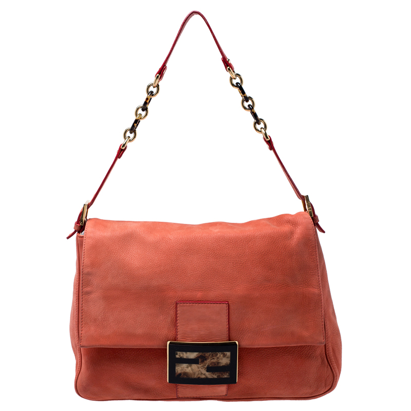 Pre Owned Fendi Orange Leather Chain Mama Forever Shoulder Bag