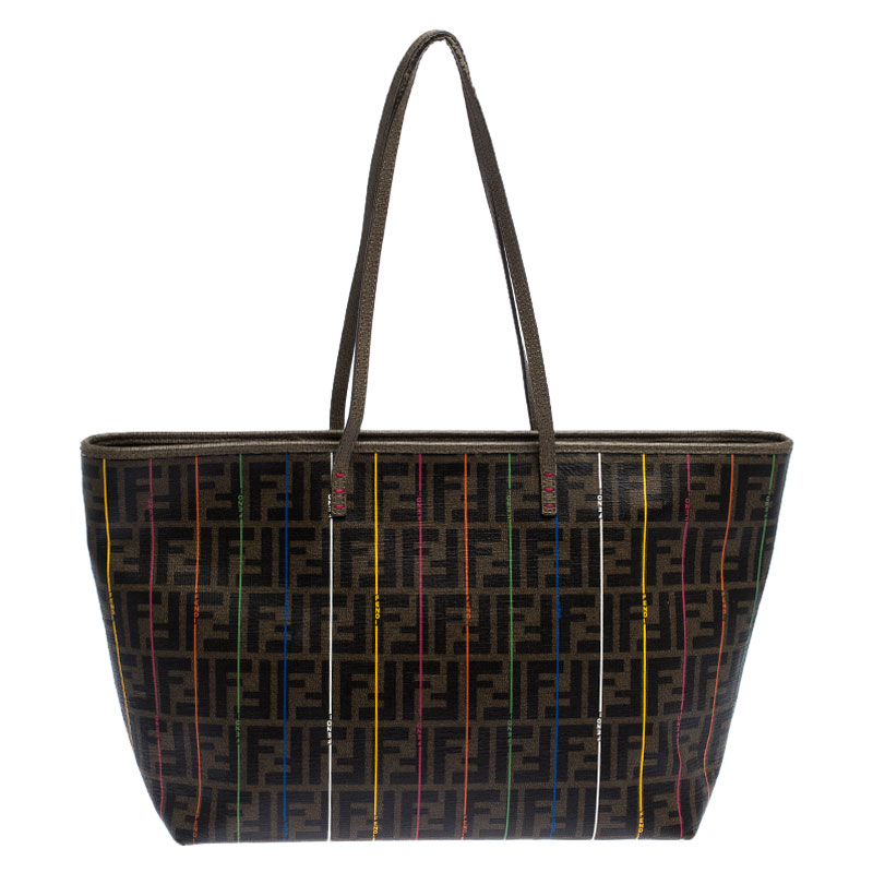 Pre Owned Fendi Brown Zucca Coated Canvas Large Spalmati Striped Tote