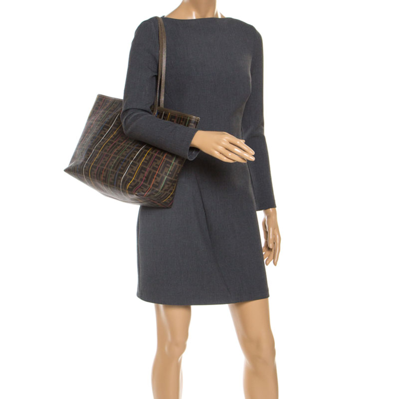 

Fendi Brown Zucca Coated Canvas Large Spalmati Striped Tote