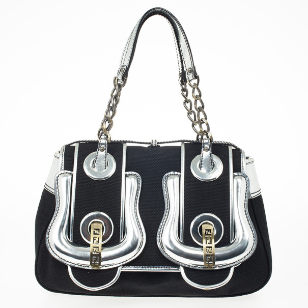 مملوكة مسبقًا Fendi Black Canvas and Silver Patent Leather B Bag