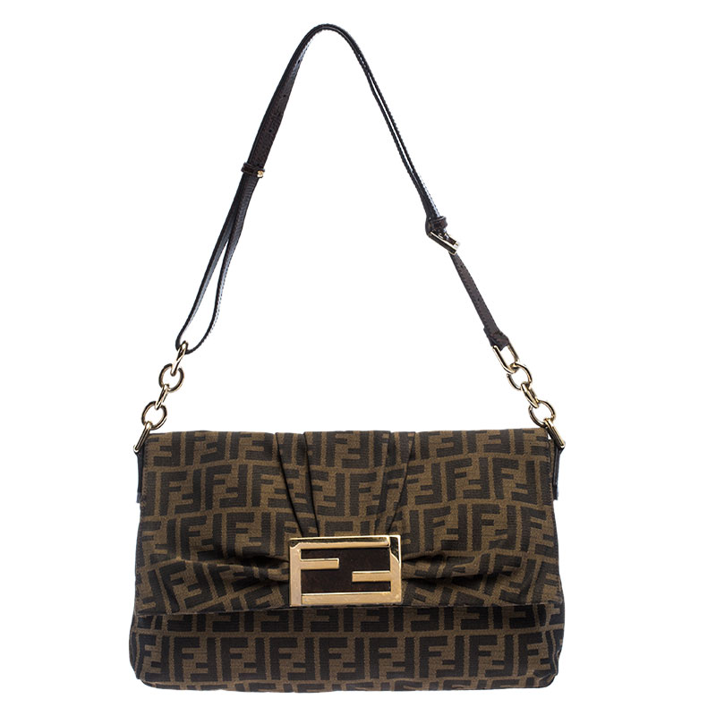 Pre Owned Fendi Tobacco Zucca Canvas Mia Flap Bag