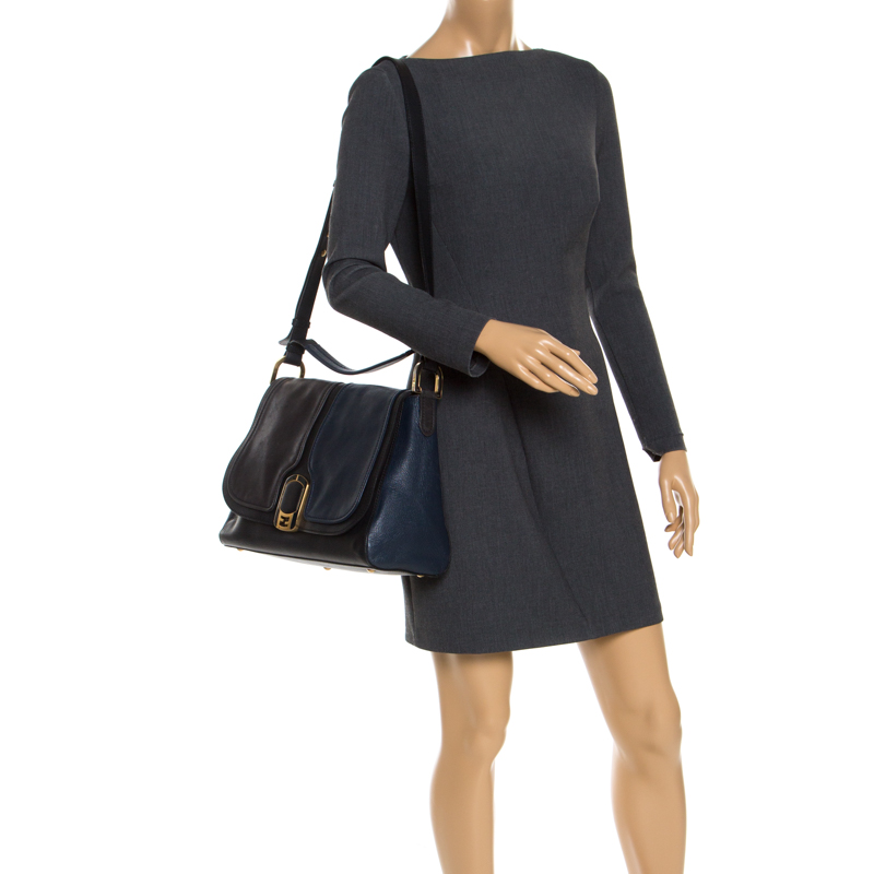 

Fendi Blue/Black Leather Flap Top Handle Bag
