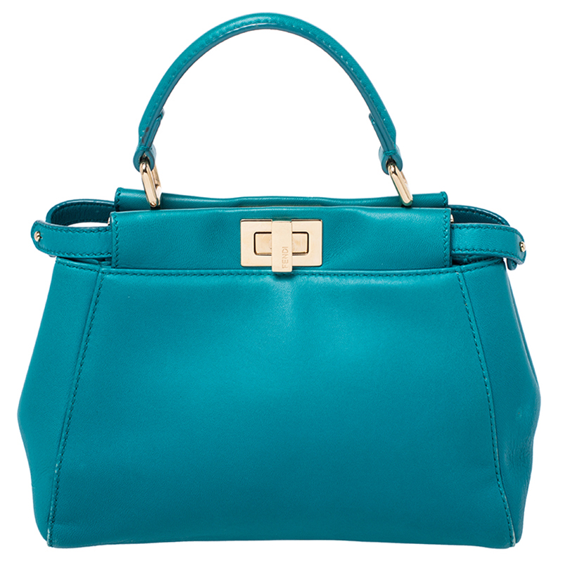 Fendi Turquoise Leather Mini Peekaboo Top Handle Bag