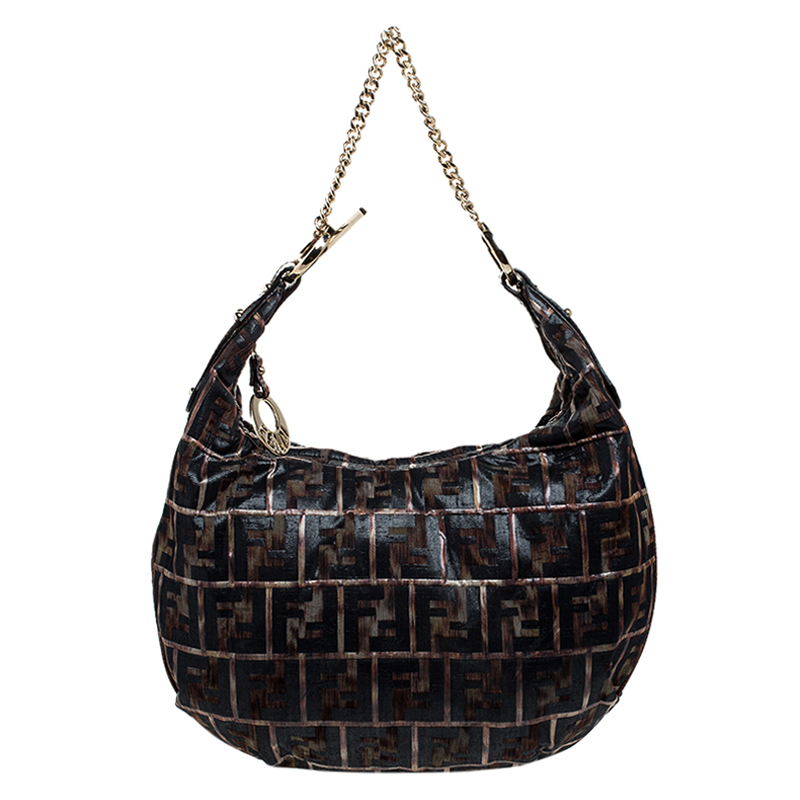 Pre Owned Fendi Brown Metallic Zucca Canvas Chef Hobo