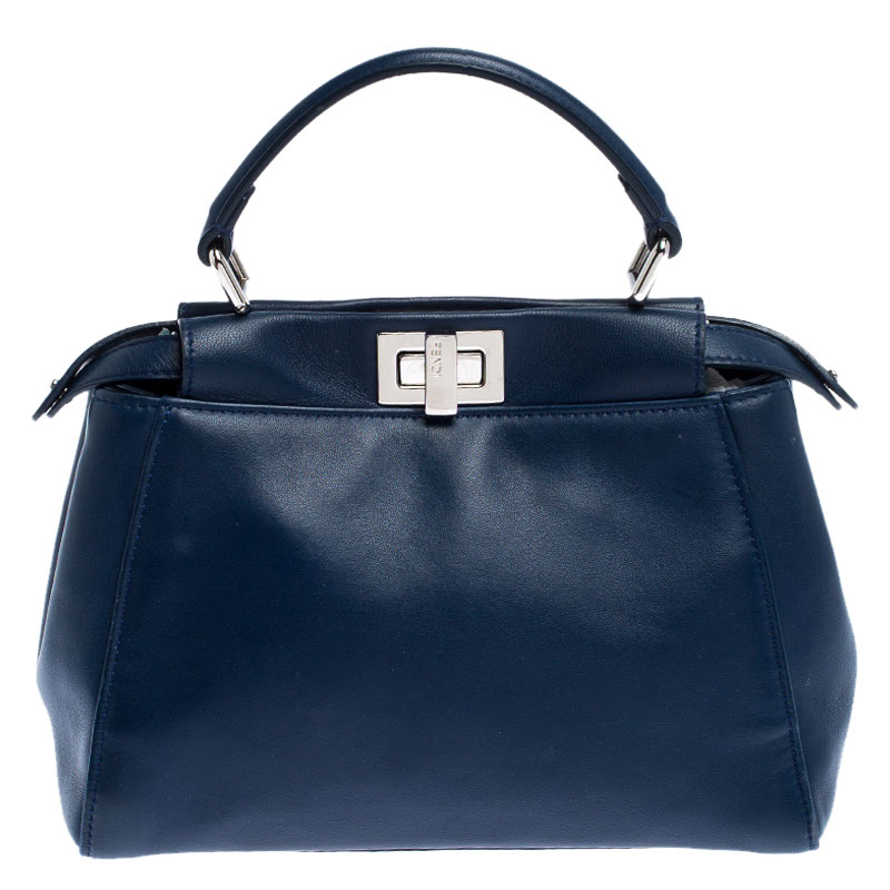 Pre Owned Fendi Blue Leather Mini Peekaboo Top Handle Bag