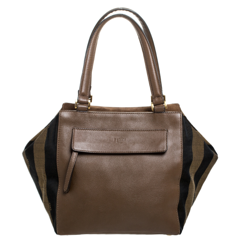 Pre Owned Fendi Tobacco Stripe Pequin Canvas and Leather Satchel