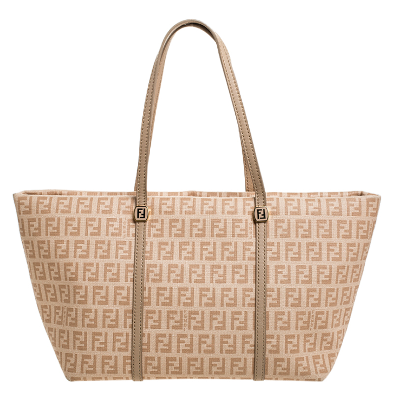 Pre Owned Fendi Peach Zucchino Coated Canvas Small Licious Tote