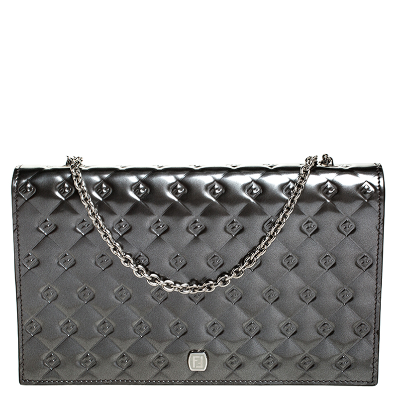 Pre Owned Fendi Metallic Grey Patent Leather Fendilicious Wallet on Chain
