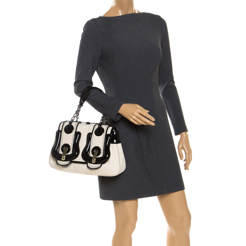

Fendi Cream/Black Canvas and Patent Leather B Shoulder Bag, Beige