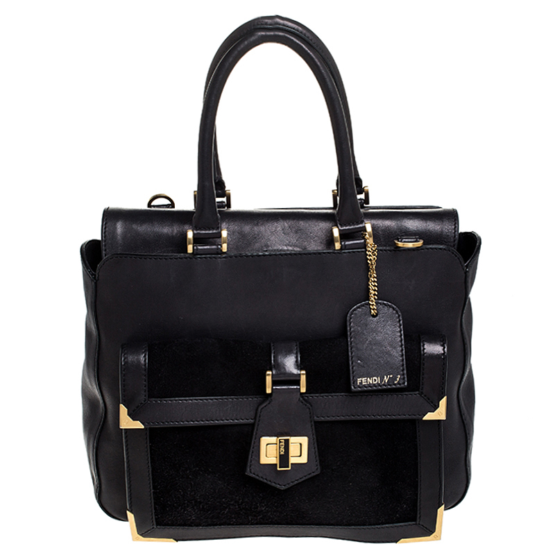 Pre Owned Fendi Black Leather and Suede Front Pocket Shoulder Bag