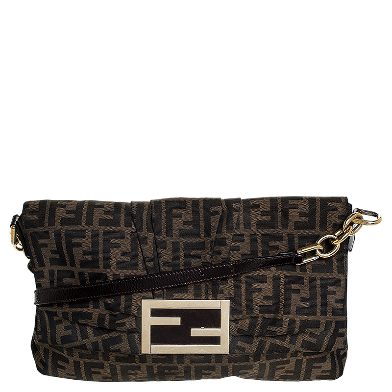 Pre Owned Fendi Tobacco Zucca Canvas and Patent Leather Mia Flap Bag