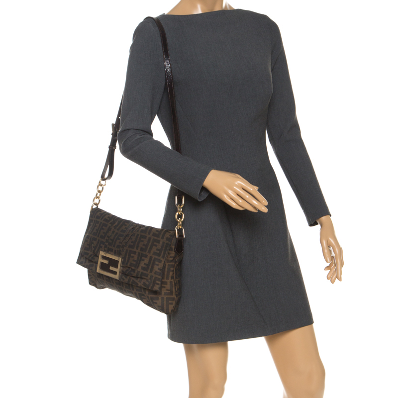

Fendi Tobacco Zucca Canvas and Patent Leather Mia Flap Bag, Brown