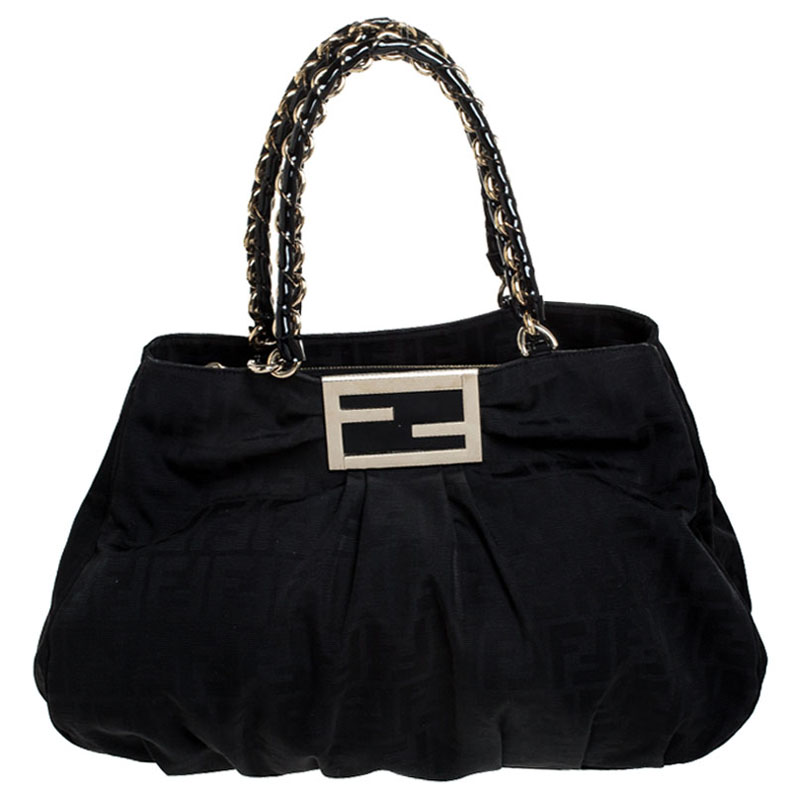 Pre Owned Fendi Black Zucca Canvas Large Mia Tote