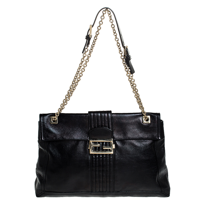 Fendi Black Metallic Leather Maxi Baguette Shoulder Bag