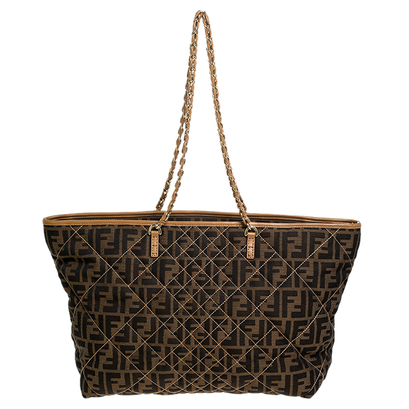 Pre Owned Fendi Brown/Beige Zucca Quilted Canvas and Leather Large Roll Tote